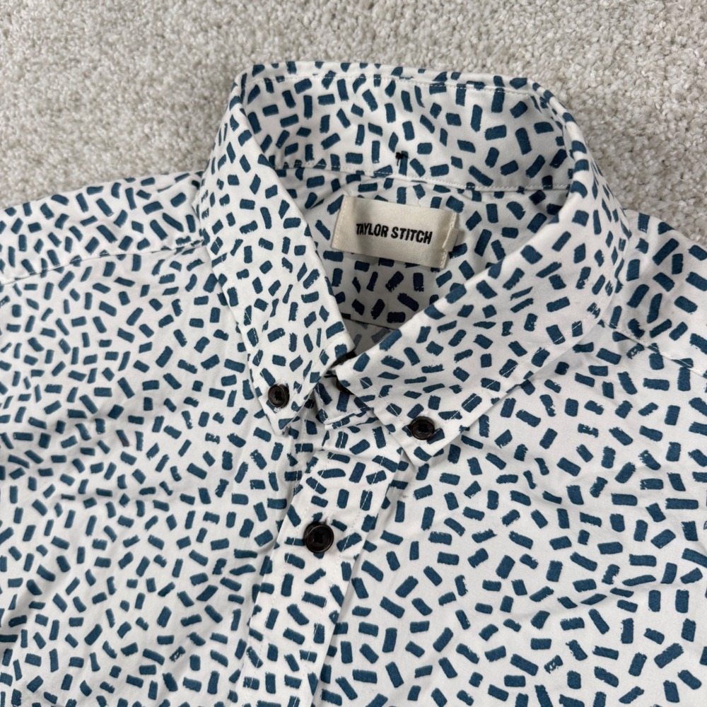 Taylor Stitch Button Down Shirt Mens 40 White Blue Dash Print Organic Cotton